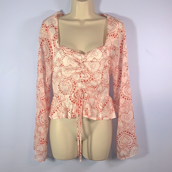 BCBGeneration peplum bell long sleeve sweetheart sheer white red valentines top - Picture 4 of 12